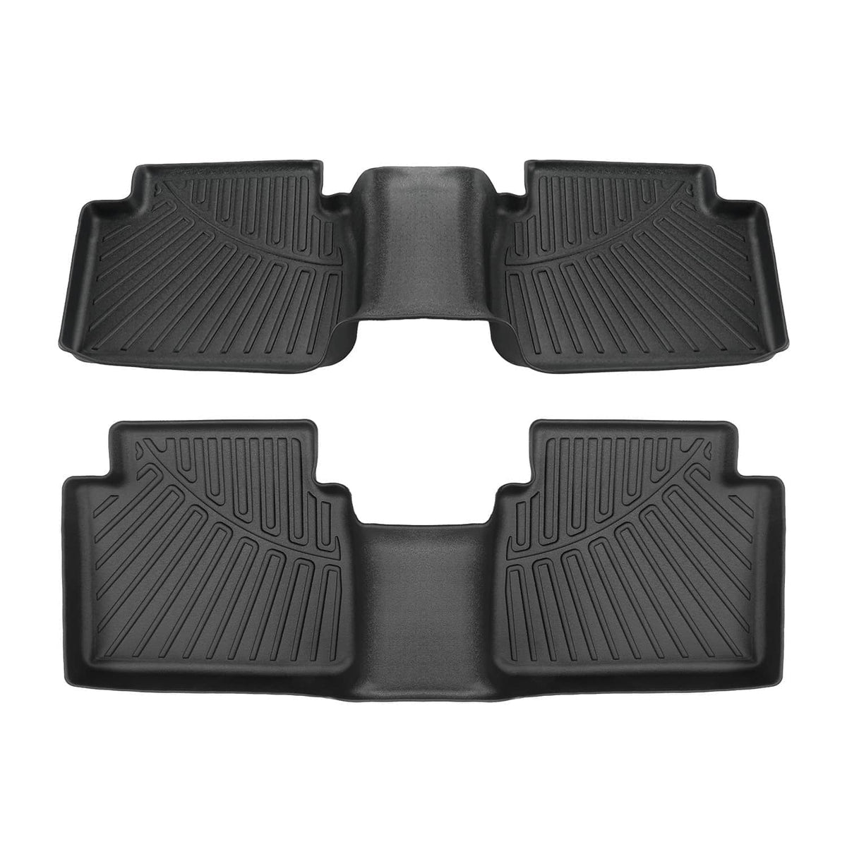 Six-piece style black TPE floor mat liners with raised ridges and center hump