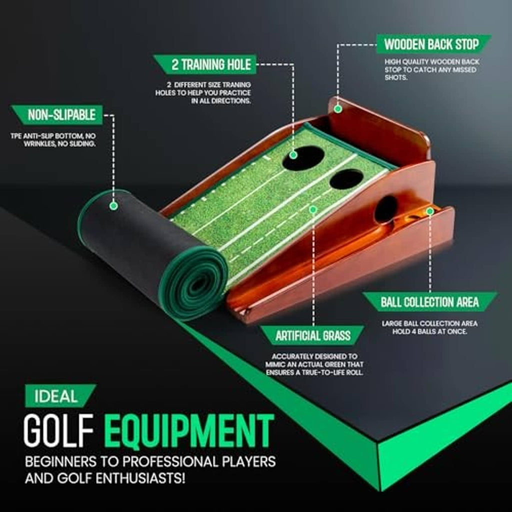 Green putting mat in wooden tray with ball collection area and circular target holes