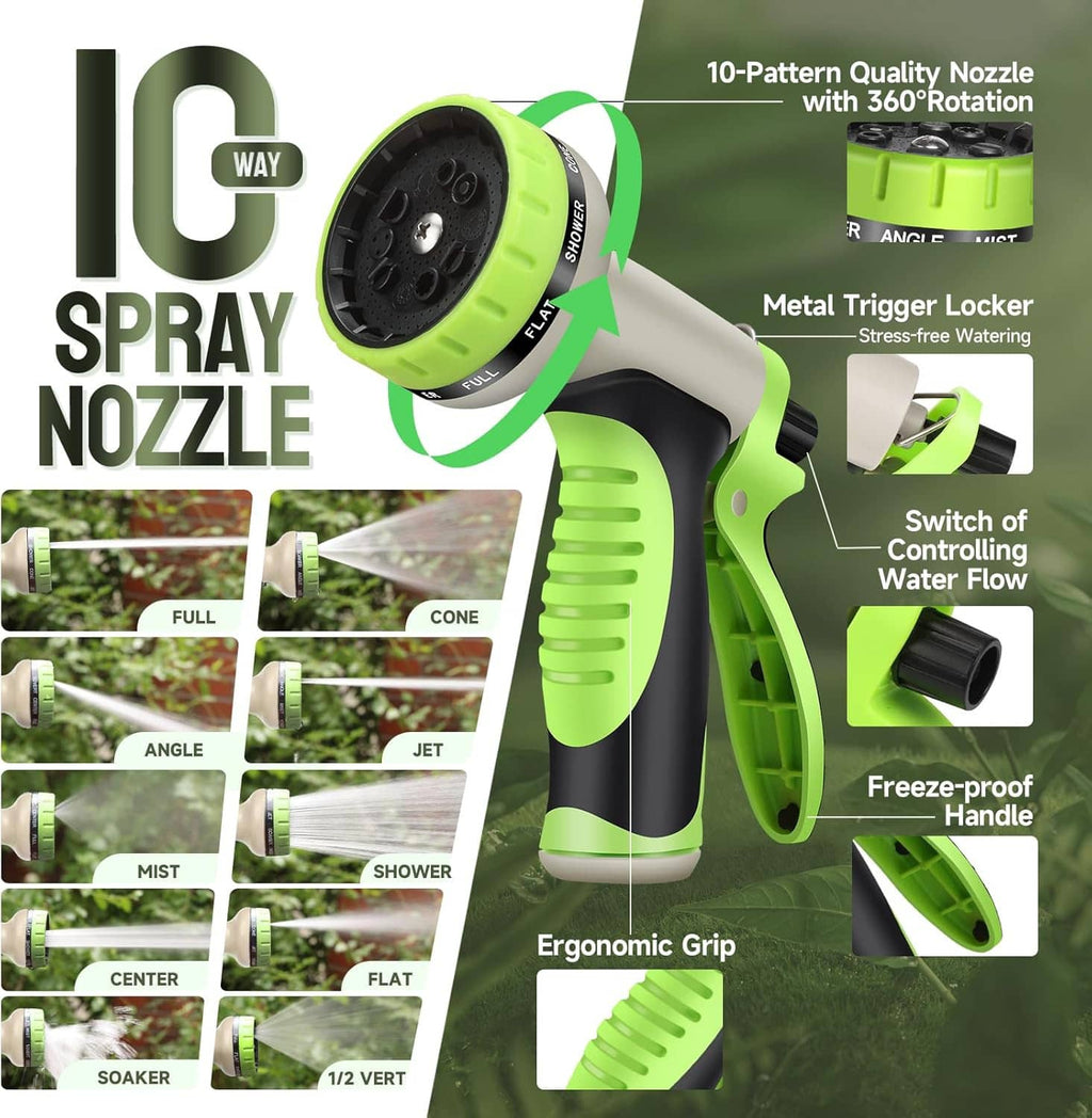 10-pattern metal trigger nozzle with green spray head and stainless hose