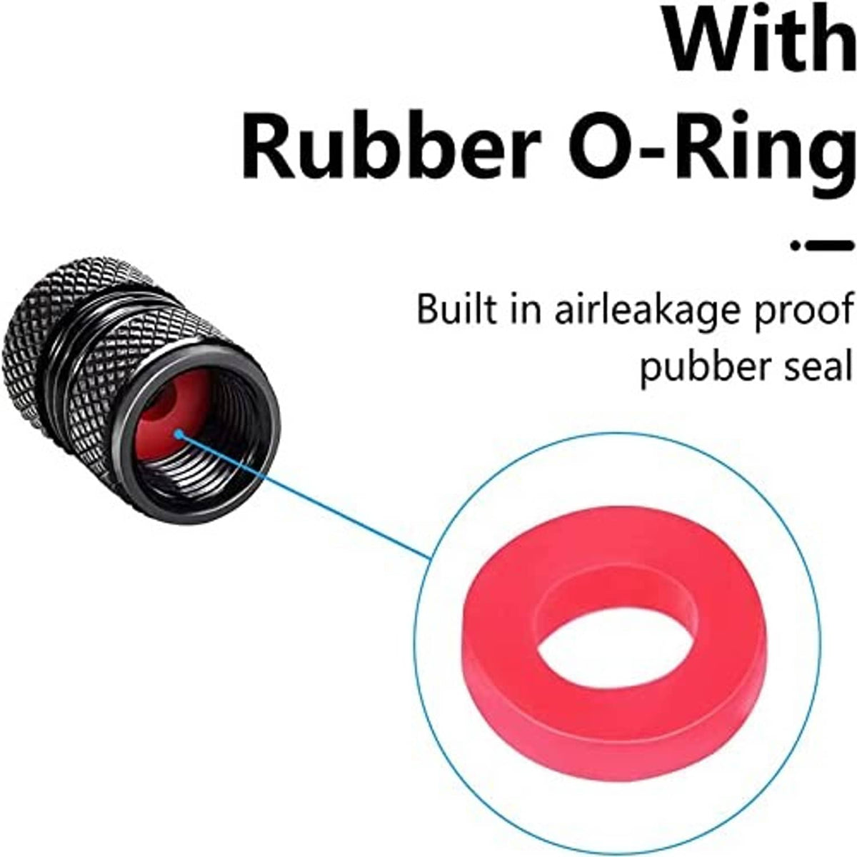 Black tire valve stem cap with red rubber O-ring seal