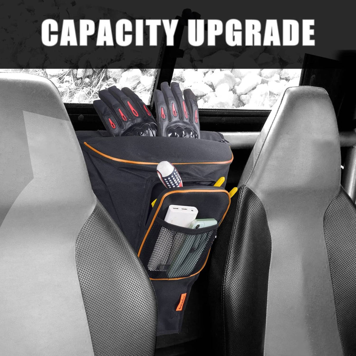 Mounted center console seat bag, black with orange trim, multiple storage pockets