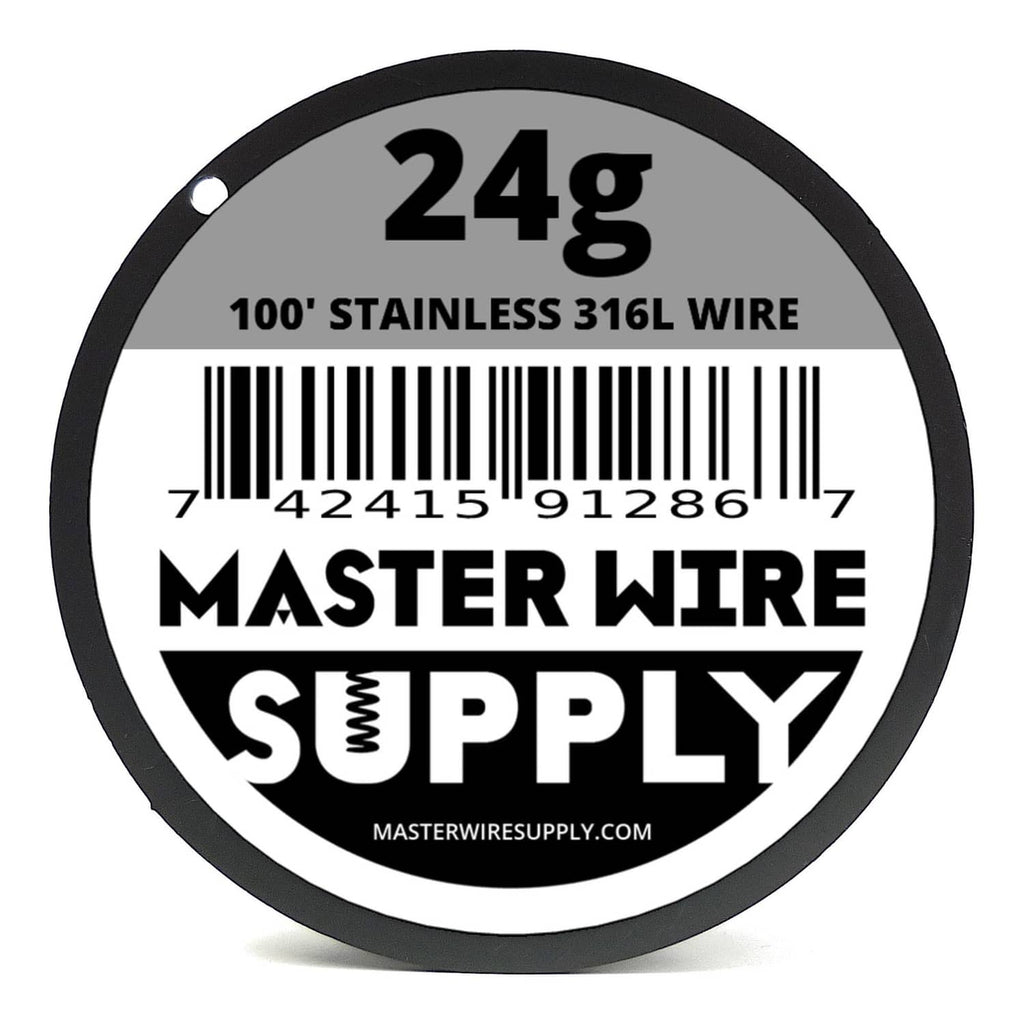 24g stainless 316L wire spool label on black reel, 100 ft