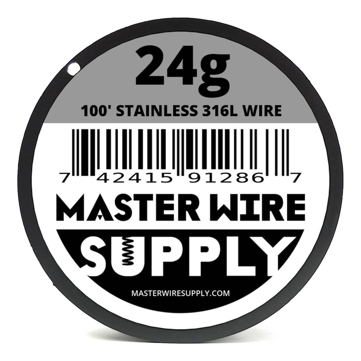 24g stainless 316L wire spool label on black reel, 100 ft