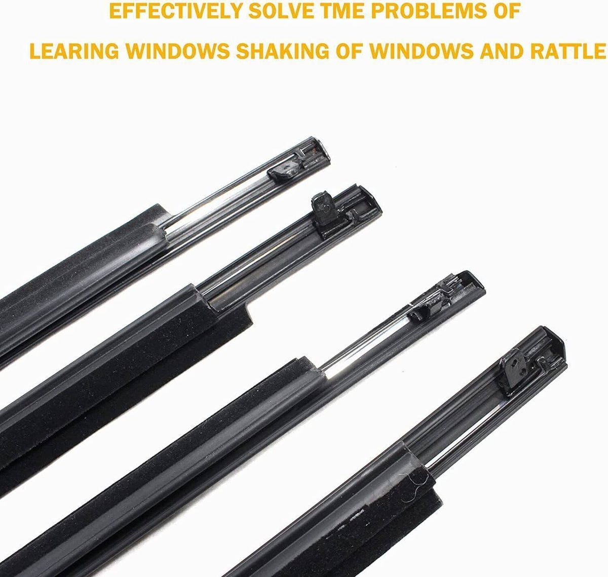 Black weatherstrip seal trim strips with mounting clips, close-up view