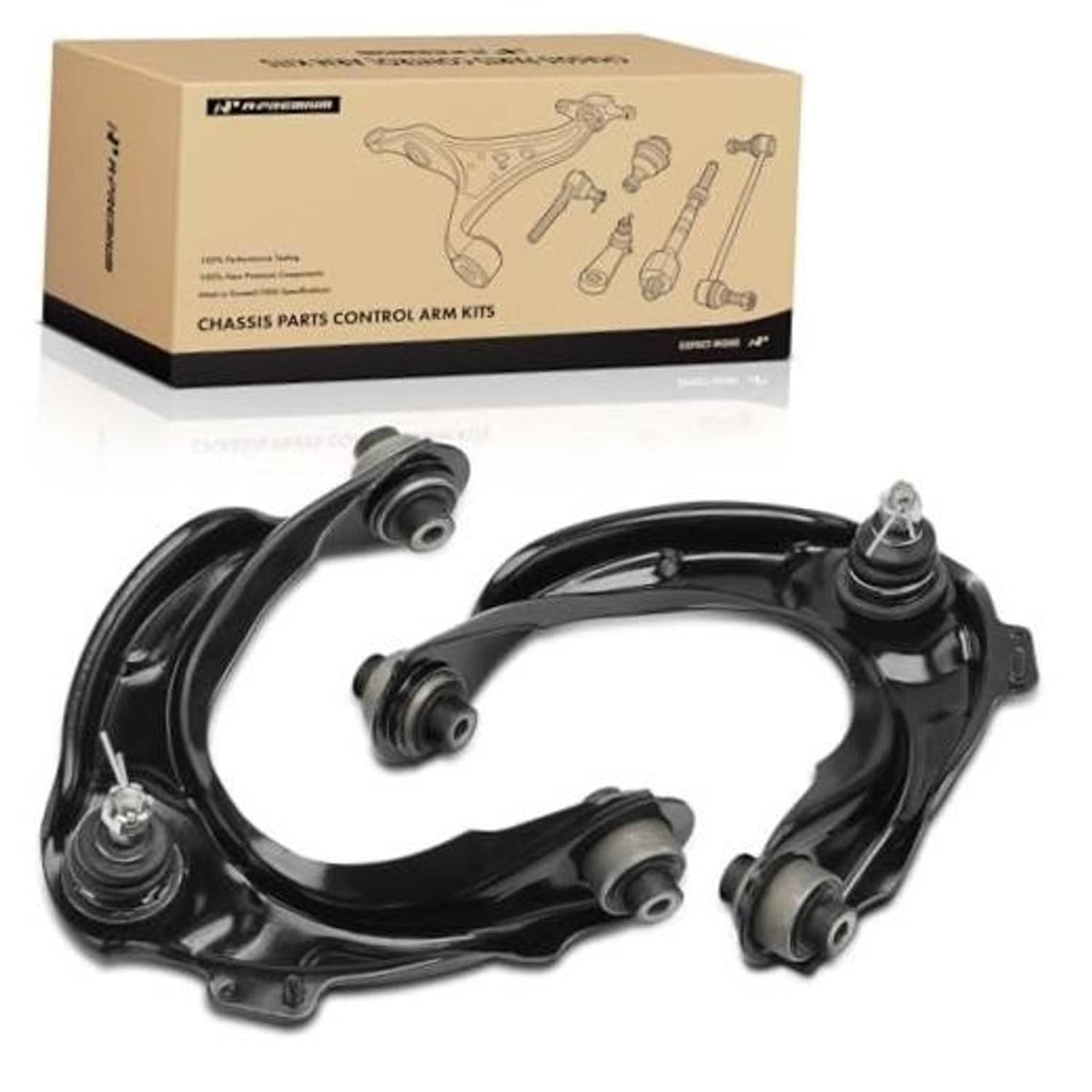 Pair of black front upper control arms with ball joints and rubber bushings