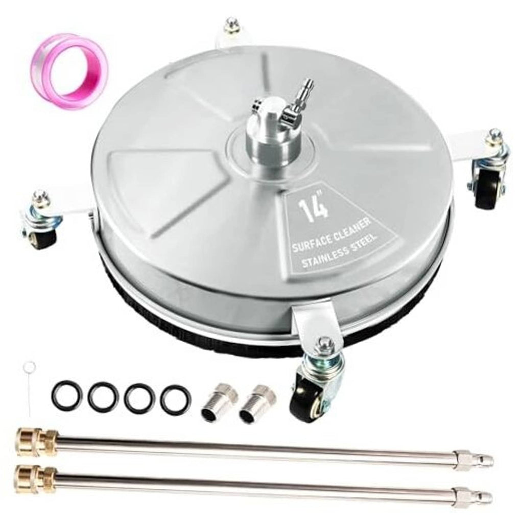 14-inch stainless steel surface cleaner with four caster wheels, silver