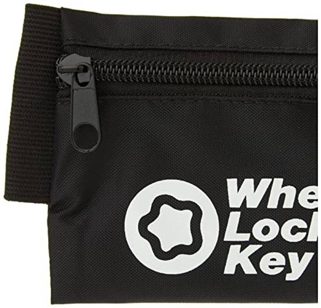 Black pouch with zipper pull and Wheel Lock Key logo, fabric key storage sleeve