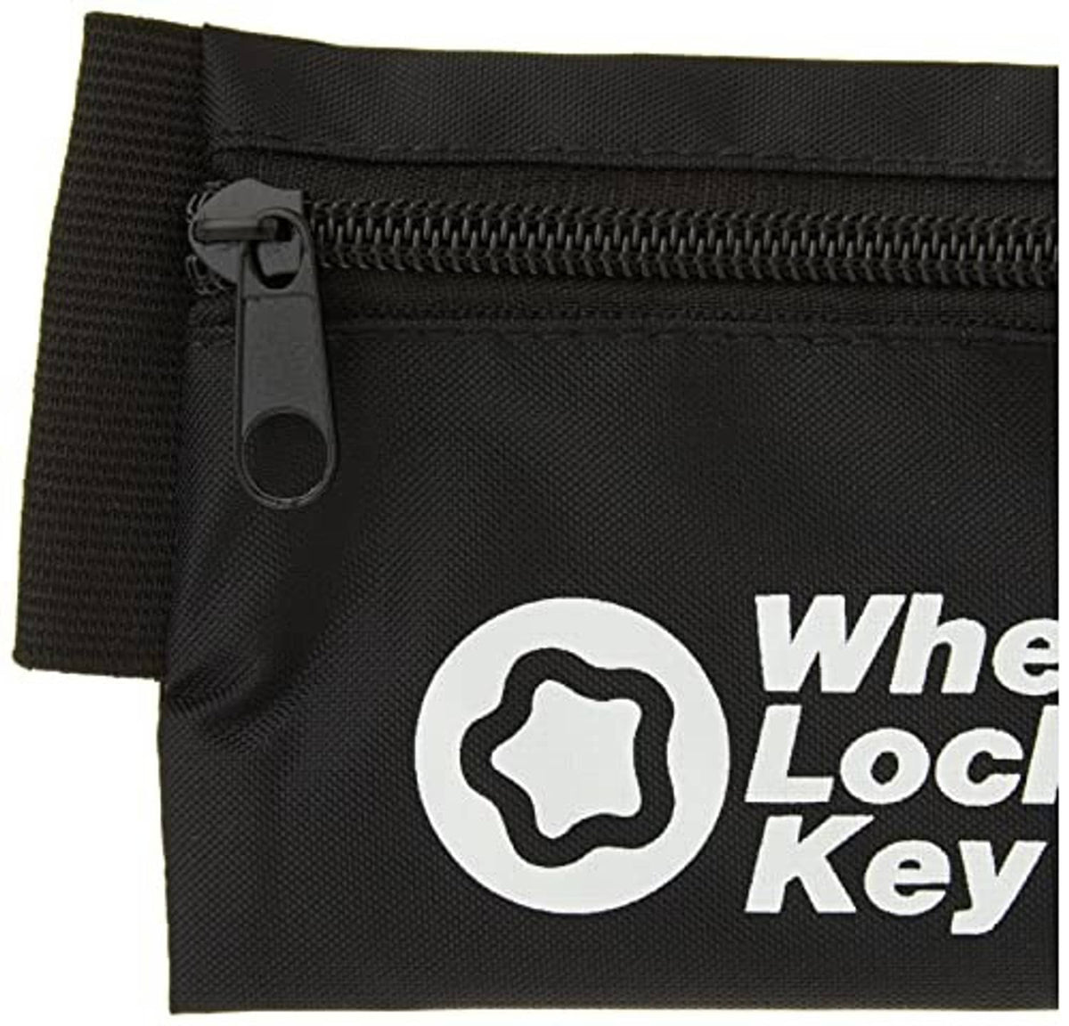 Black pouch with zipper pull and Wheel Lock Key logo, fabric key storage sleeve