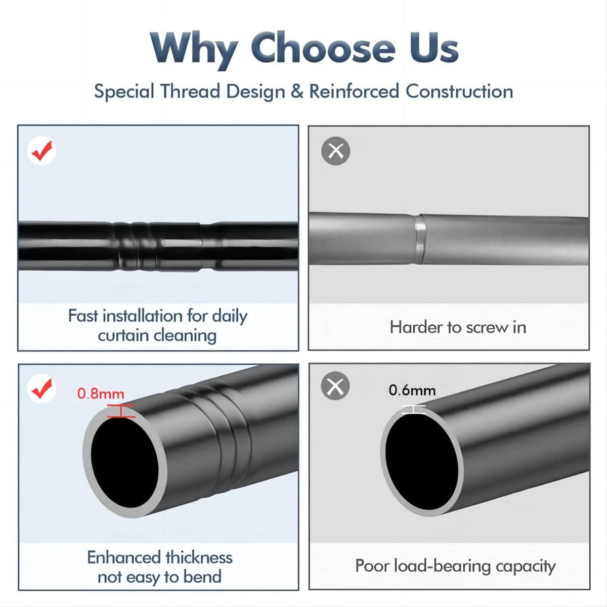 Matte black curtain rod tube close-up with reinforced thickness cross-section