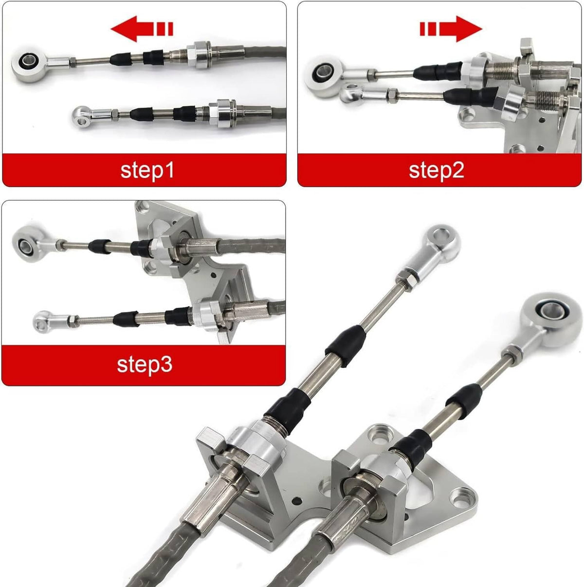 Shifter cable linkage adjustment with step-by-step bracket and rod diagrams