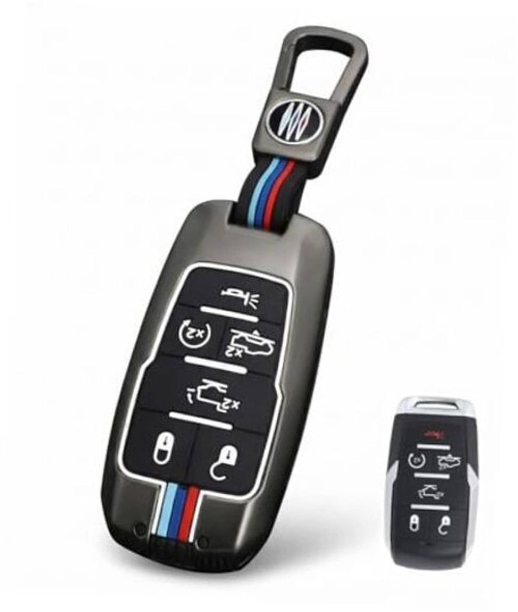 Gray metal key fob cover case with key ring, striped strap, and button icons.