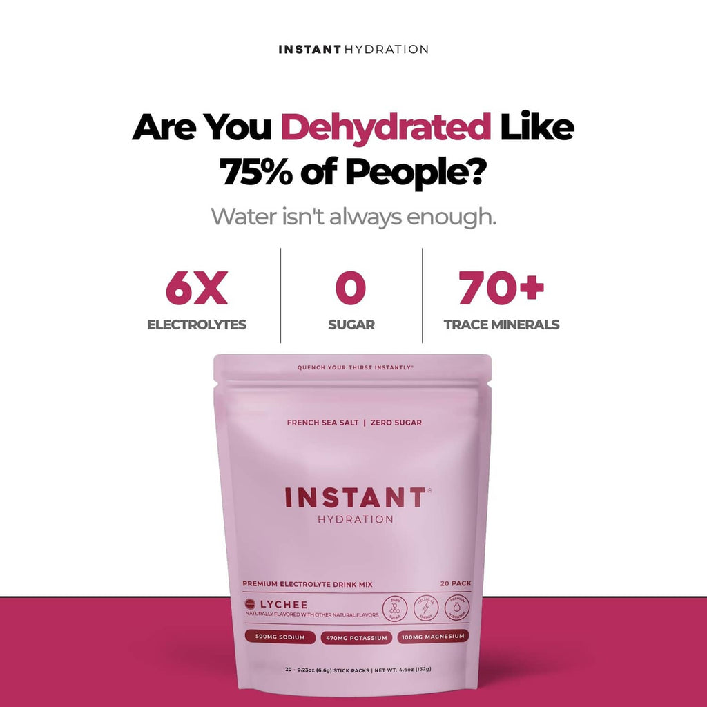 Sugar-free lychee electrolyte drink mix pouch, instant hydration front view