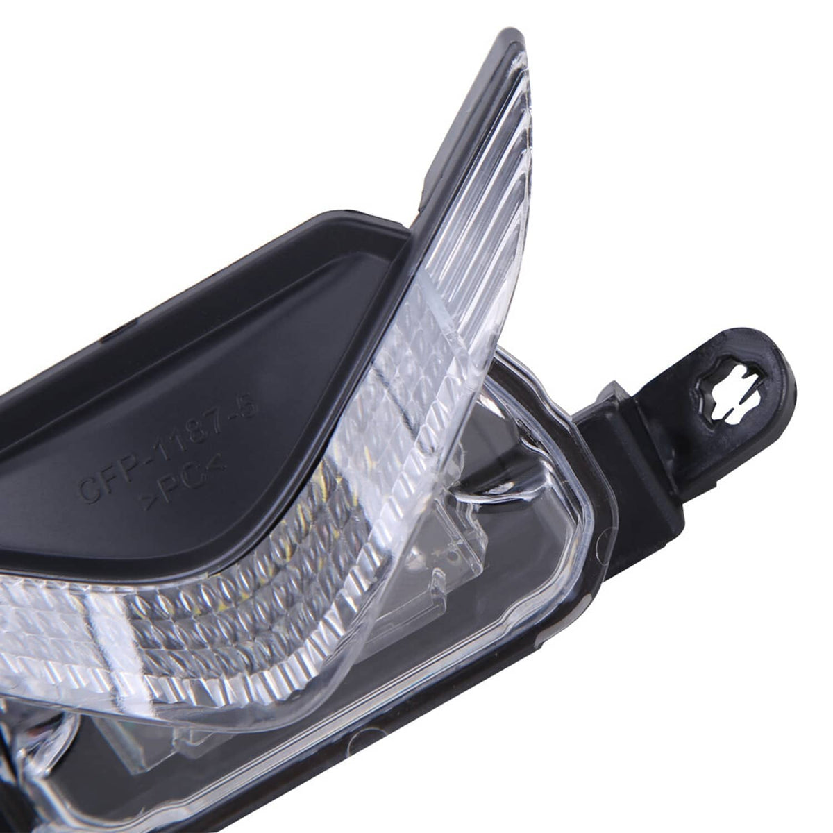 Front upper LED headlight close-up with clear lens, black back panel, and side reflector