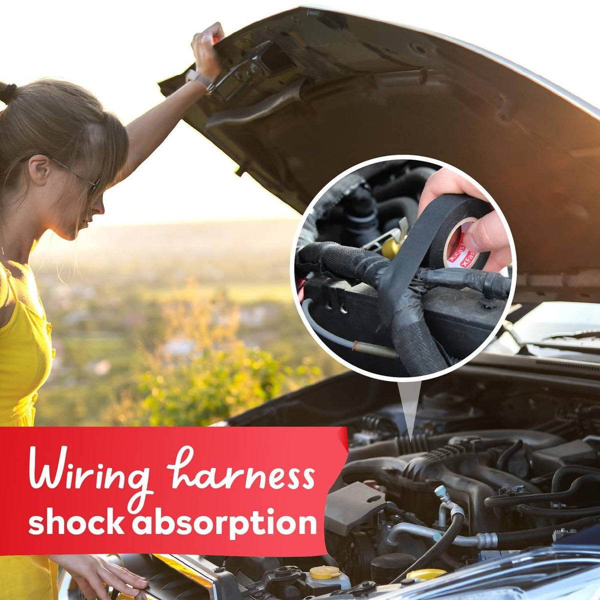 Black wire harness tape applied on engine wiring for shock absorption