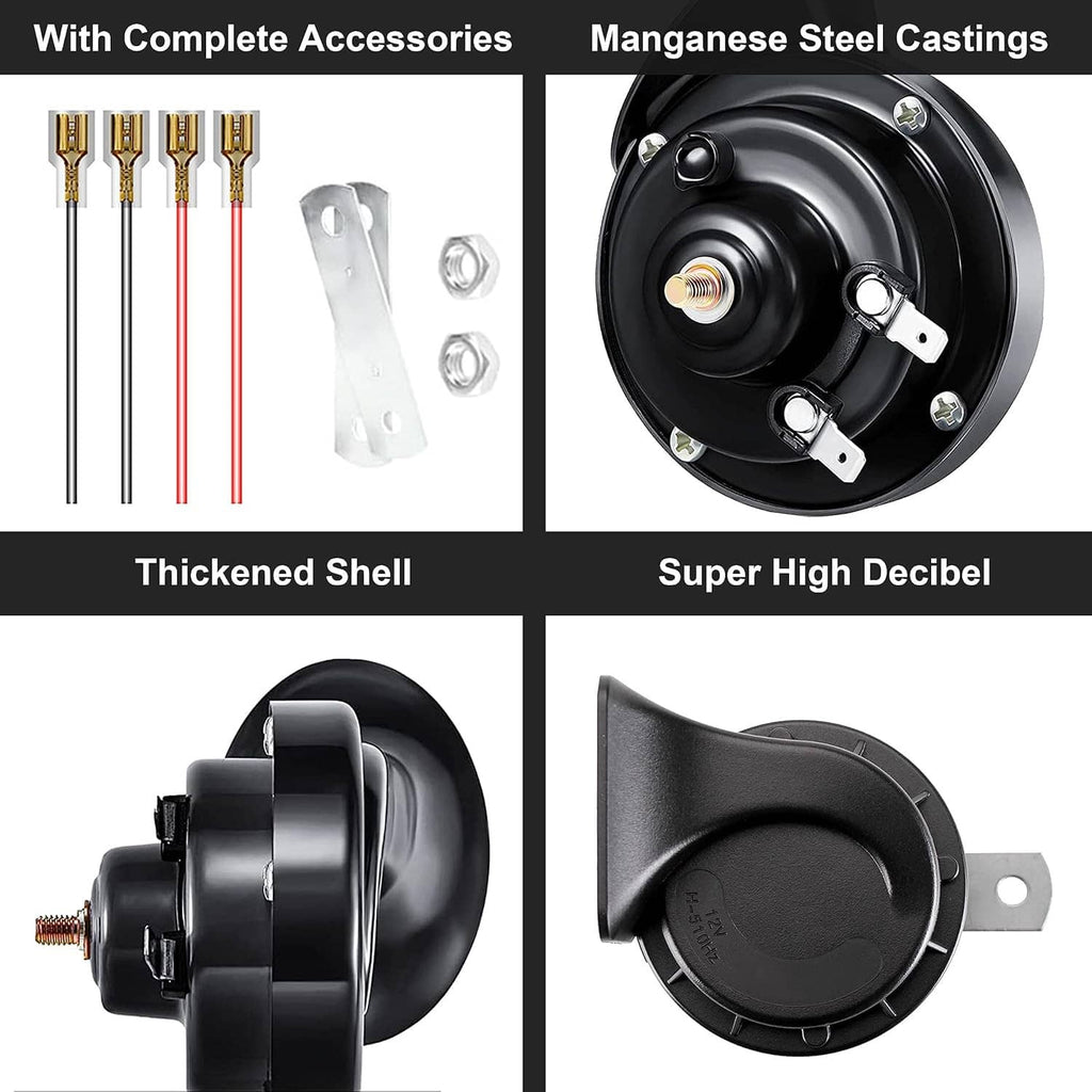 Car horn kit: dual black snail horns with screws, bracket, and wiring terminals