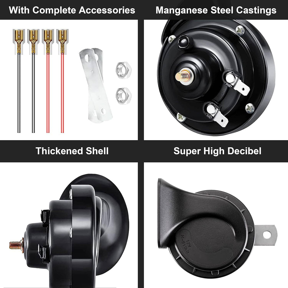 Car horn kit: dual black snail horns with screws, bracket, and wiring terminals