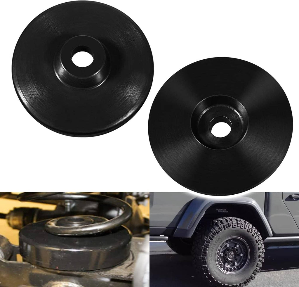 Black coil spring spacer discs, two round units with center mounting holes