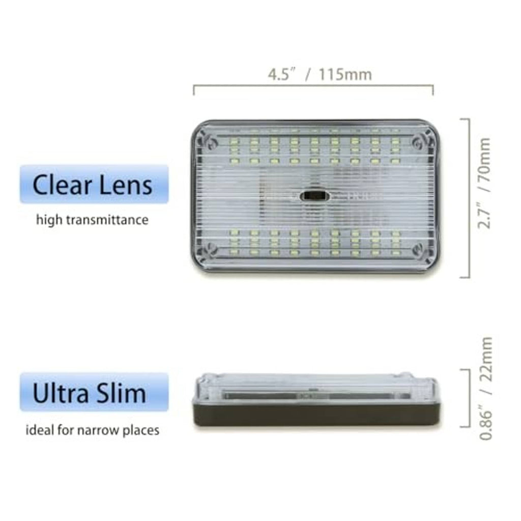 12V clear-lens dome LED light with slim profile and size markings in mm.