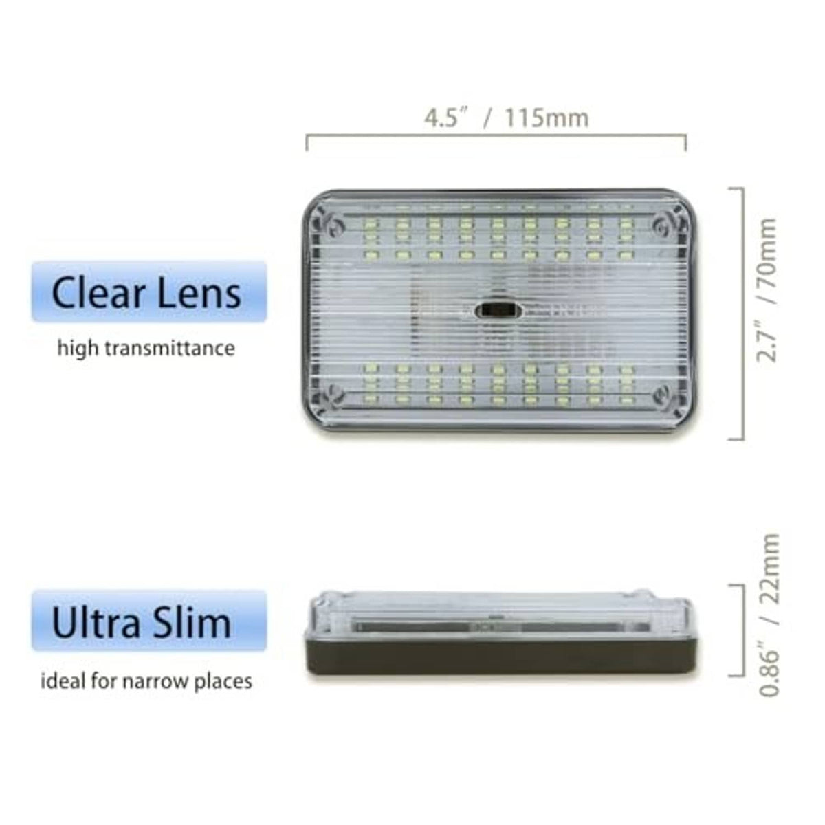 12V clear-lens dome LED light with slim profile and size markings in mm.