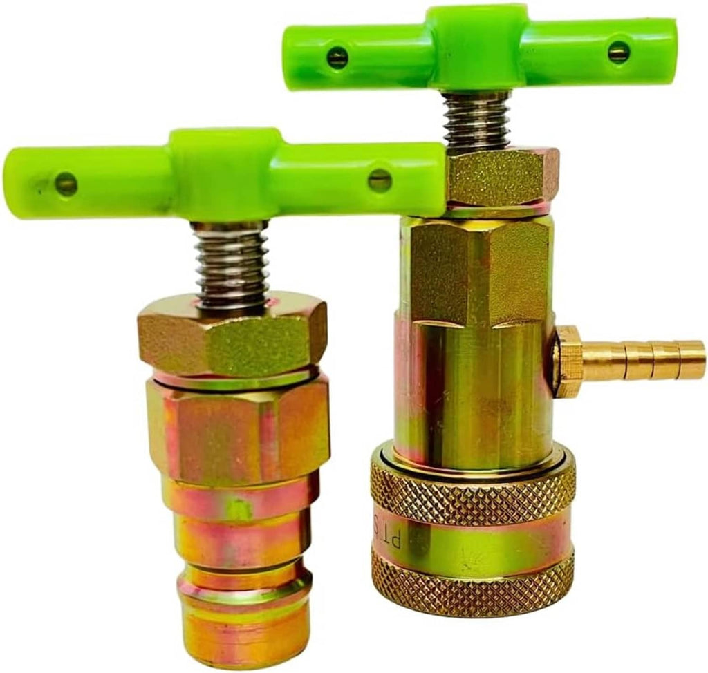 Hydraulic quick coupling relief valve with green lever ends, brass body, threaded outlet