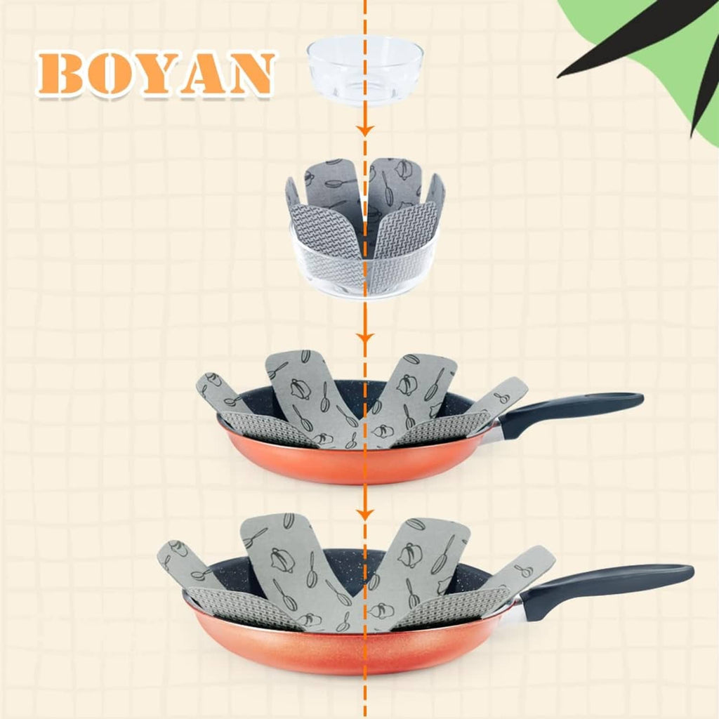 Gray stackable pot and pan protectors with utensil pattern, nested in cookware