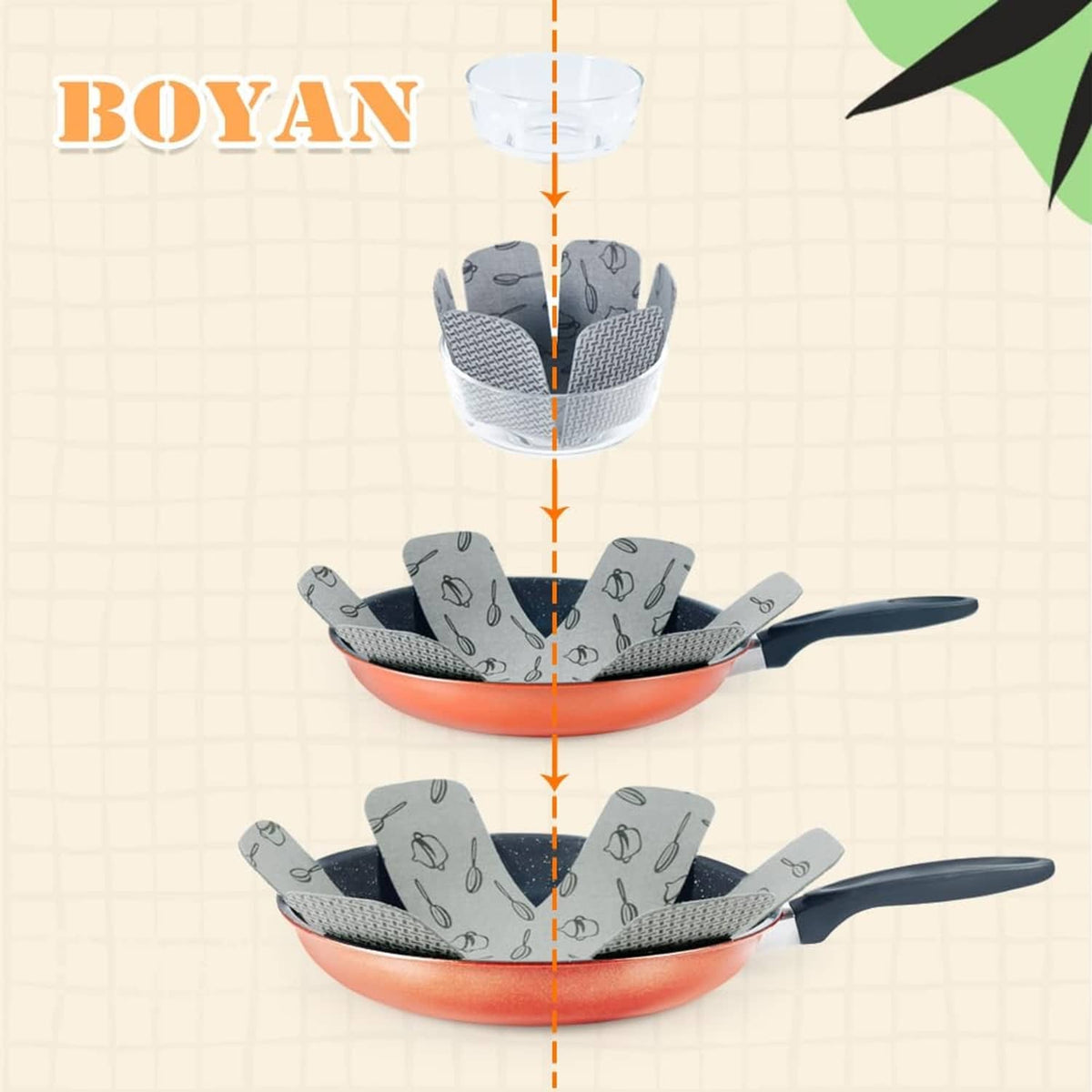 Gray stackable pot and pan protectors with utensil pattern, nested in cookware