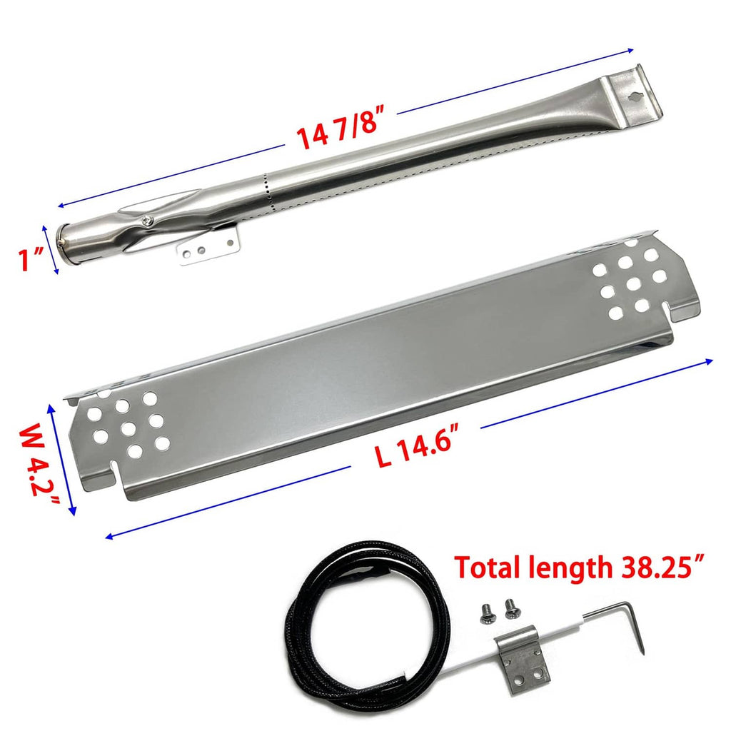 Stainless steel burner tubes and heat plates with ignition cord and mounting hardware