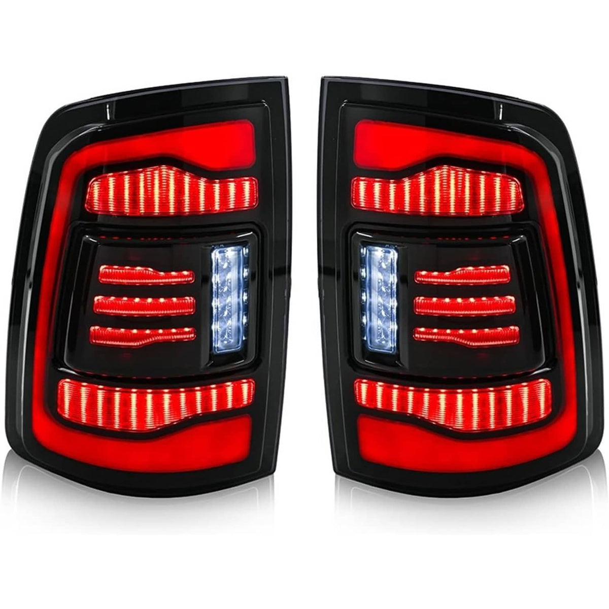 Pair of LED tail lights with red lens, amber LED bars, and clear blue reverse strip