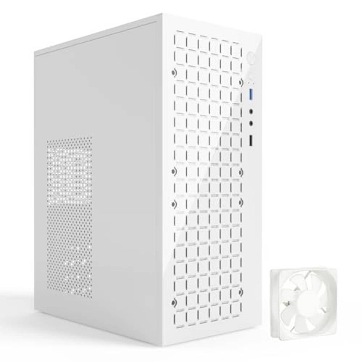 White micro ATX computer case front and side view with ventilation cutouts