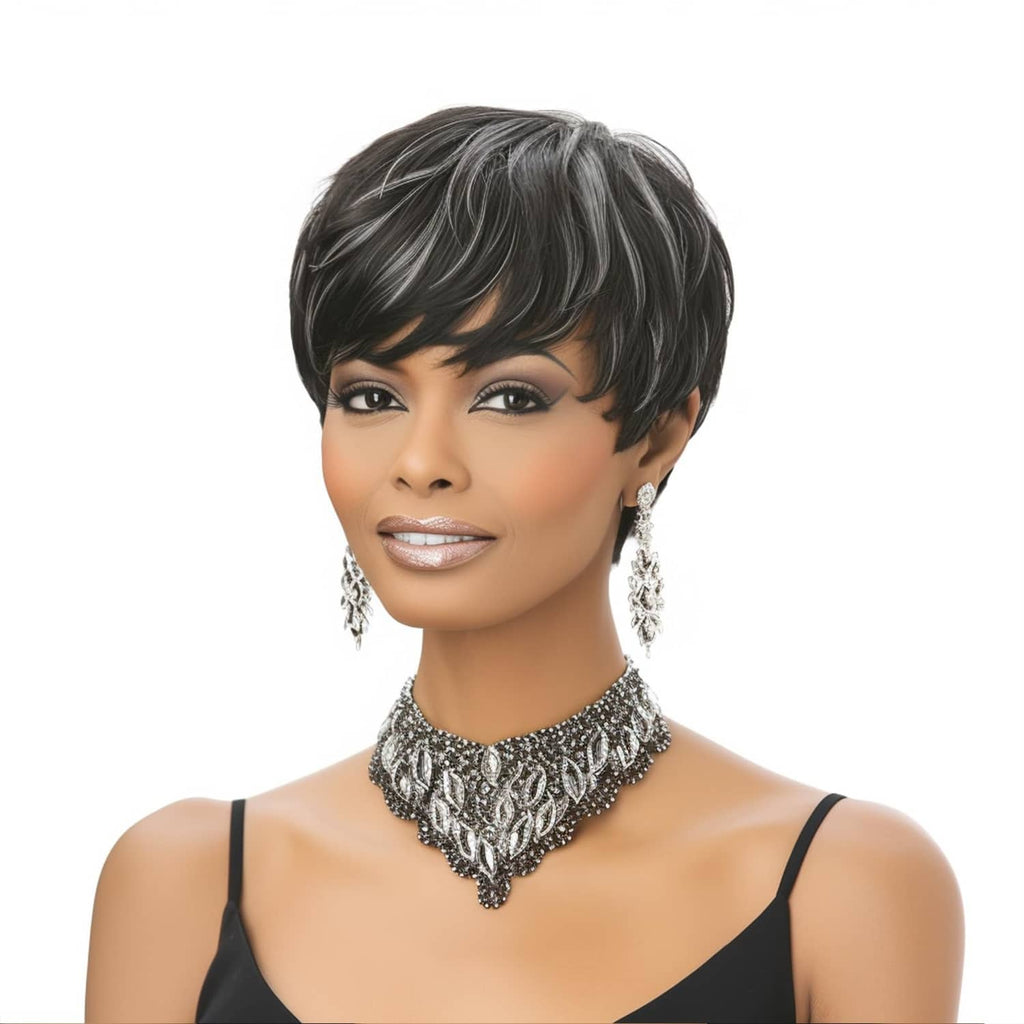 Short pixie cut wig in dark black with grey highlights, layered texture with fringe.