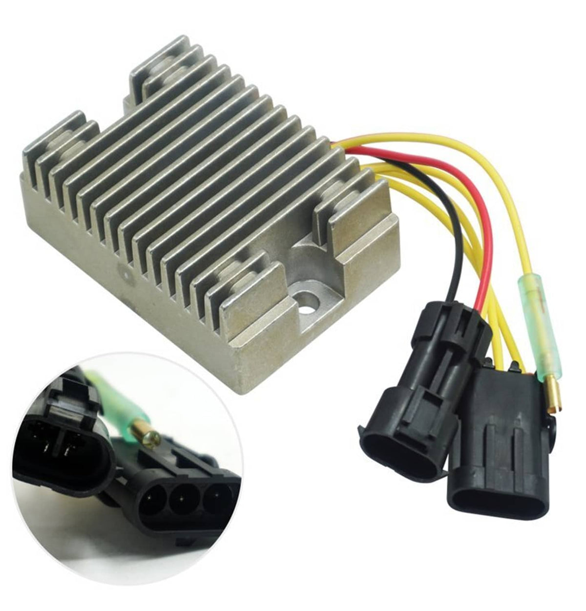 Voltage regulator with metal heatsink and multi-wire harness, black connector plugs