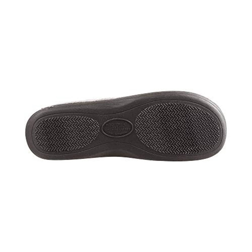 Men's moccasin slipper outsole, dark rubber tread pattern with logo patch