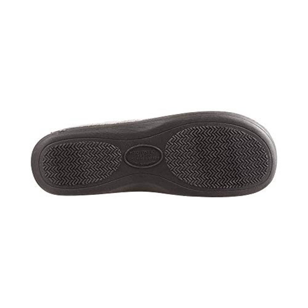 Men's moccasin slipper outsole, dark rubber tread pattern with logo patch