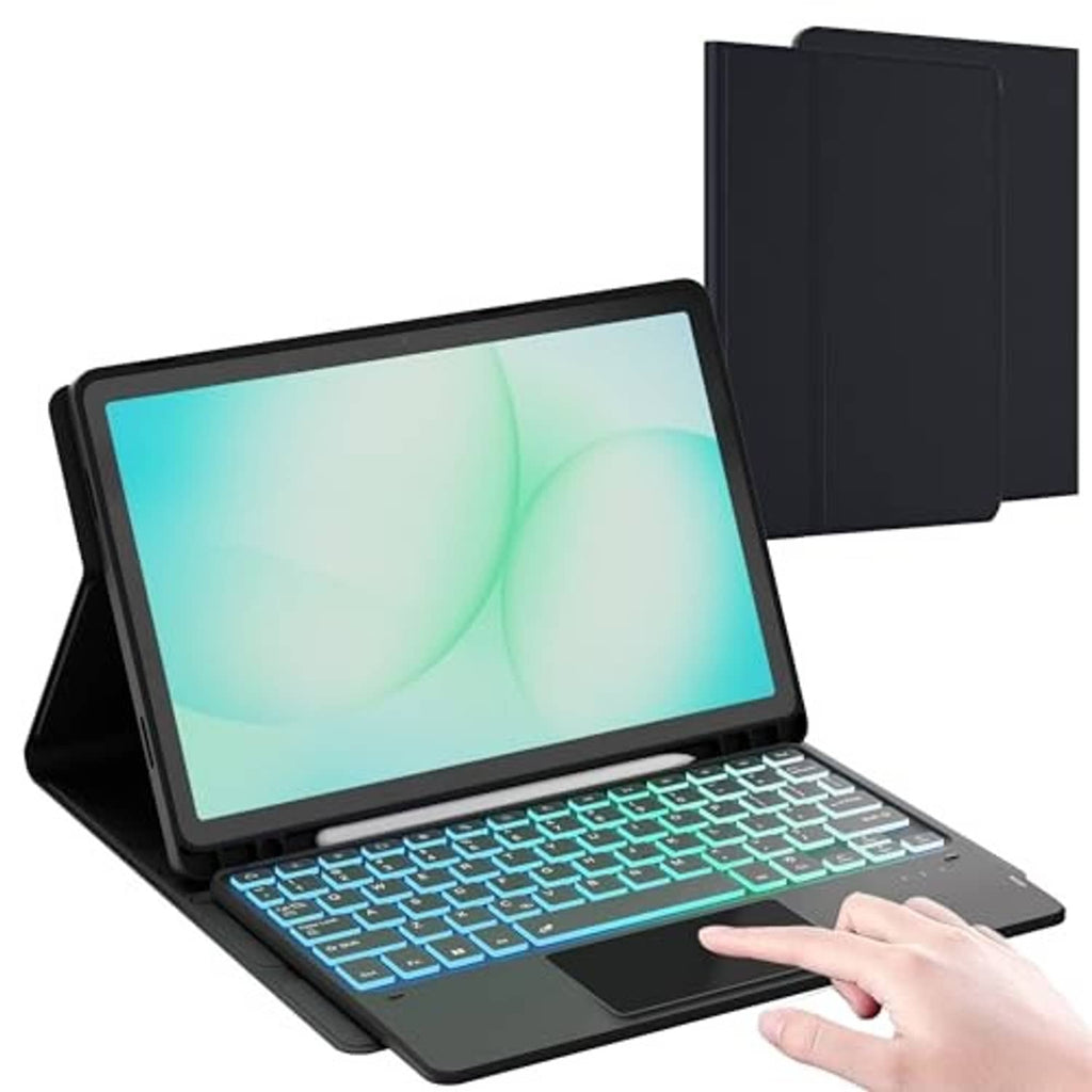 Black folio keyboard case with blue backlit keys and a protective fold cover