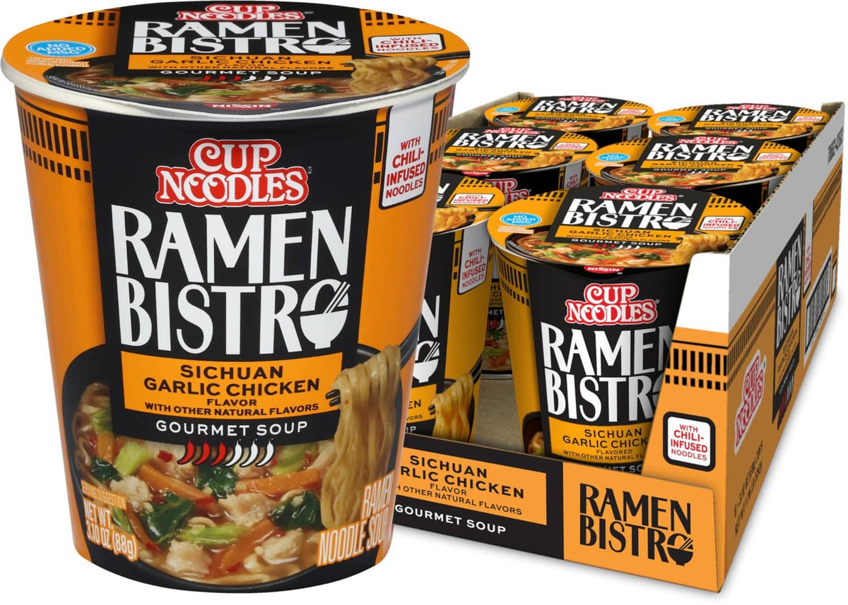 Instant ramen cup with Sichuan garlic chicken flavor, orange and black label