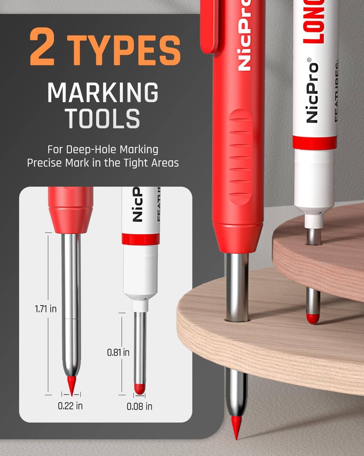 Red and silver mechanical marking tool pencils with pointed tips for precise tight-area lines.
