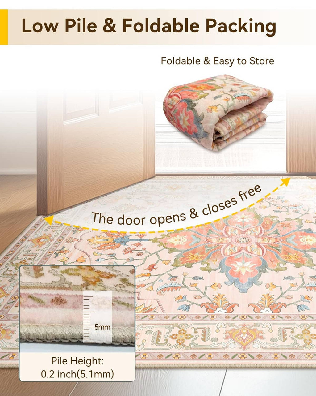 Folded rectangular area rug in pastel pink with ornate floral border, low pile