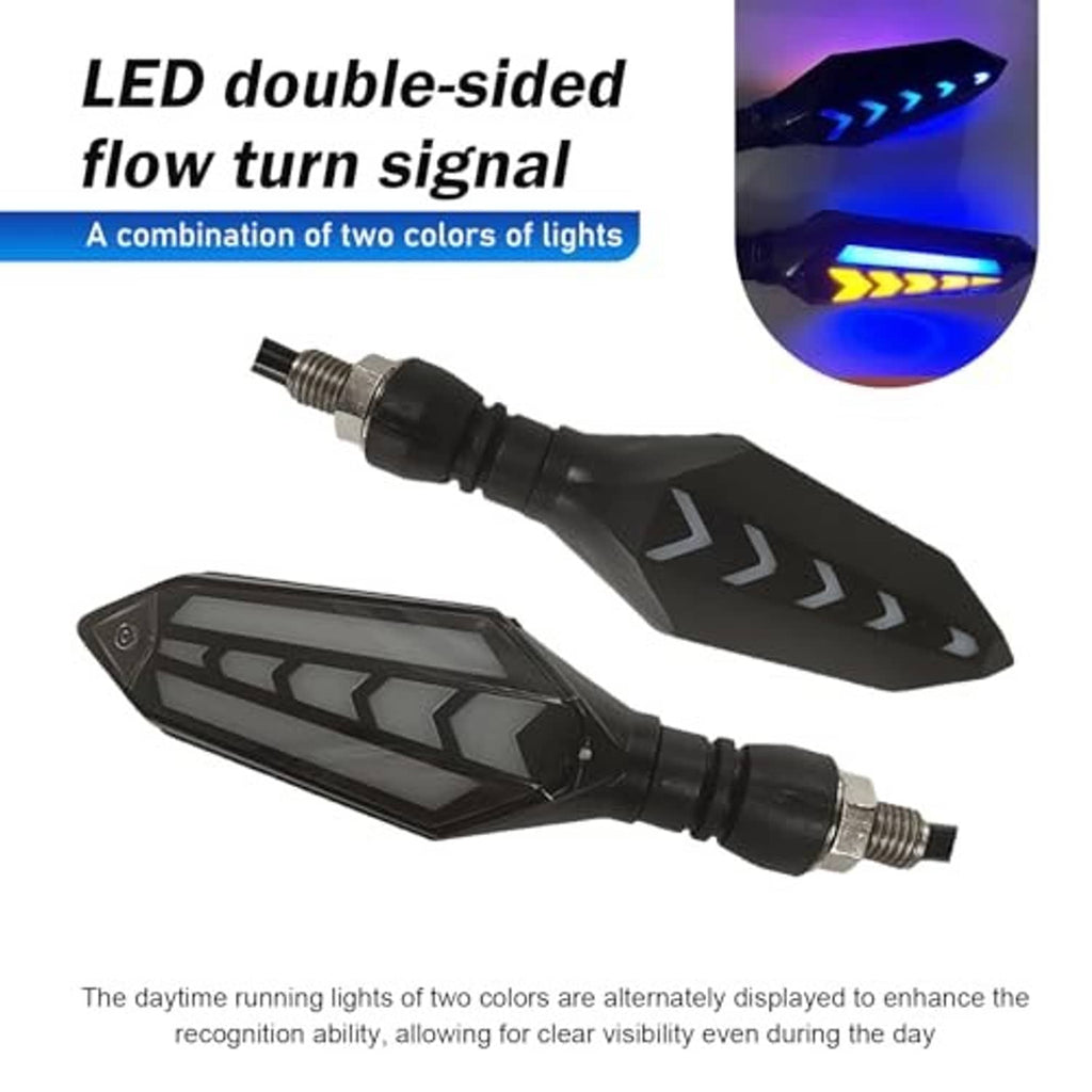 Black LED double-sided flow turn signal with arrow-shaped blue and yellow light bars