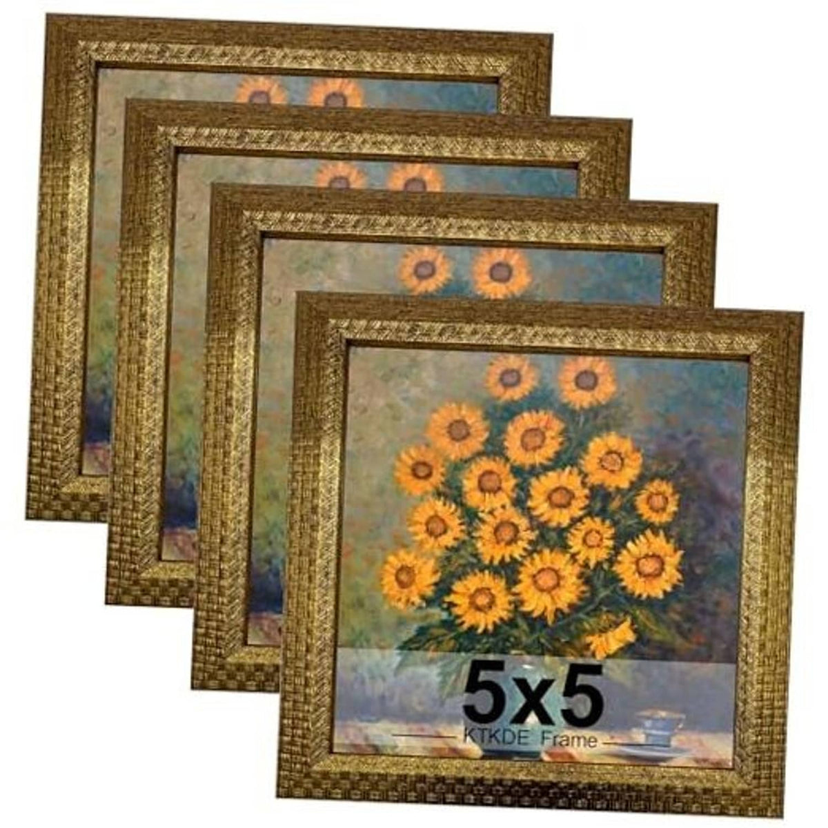 Ornate gold vintage picture frame set showing four 5x5 square frames