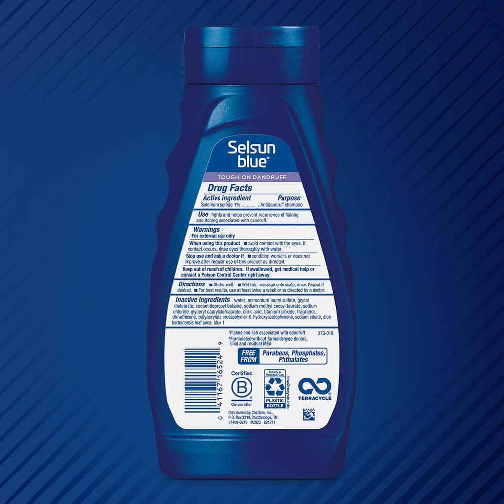 Selsun Blue 2-in-1 antidandruff shampoo bottle back label view, blue