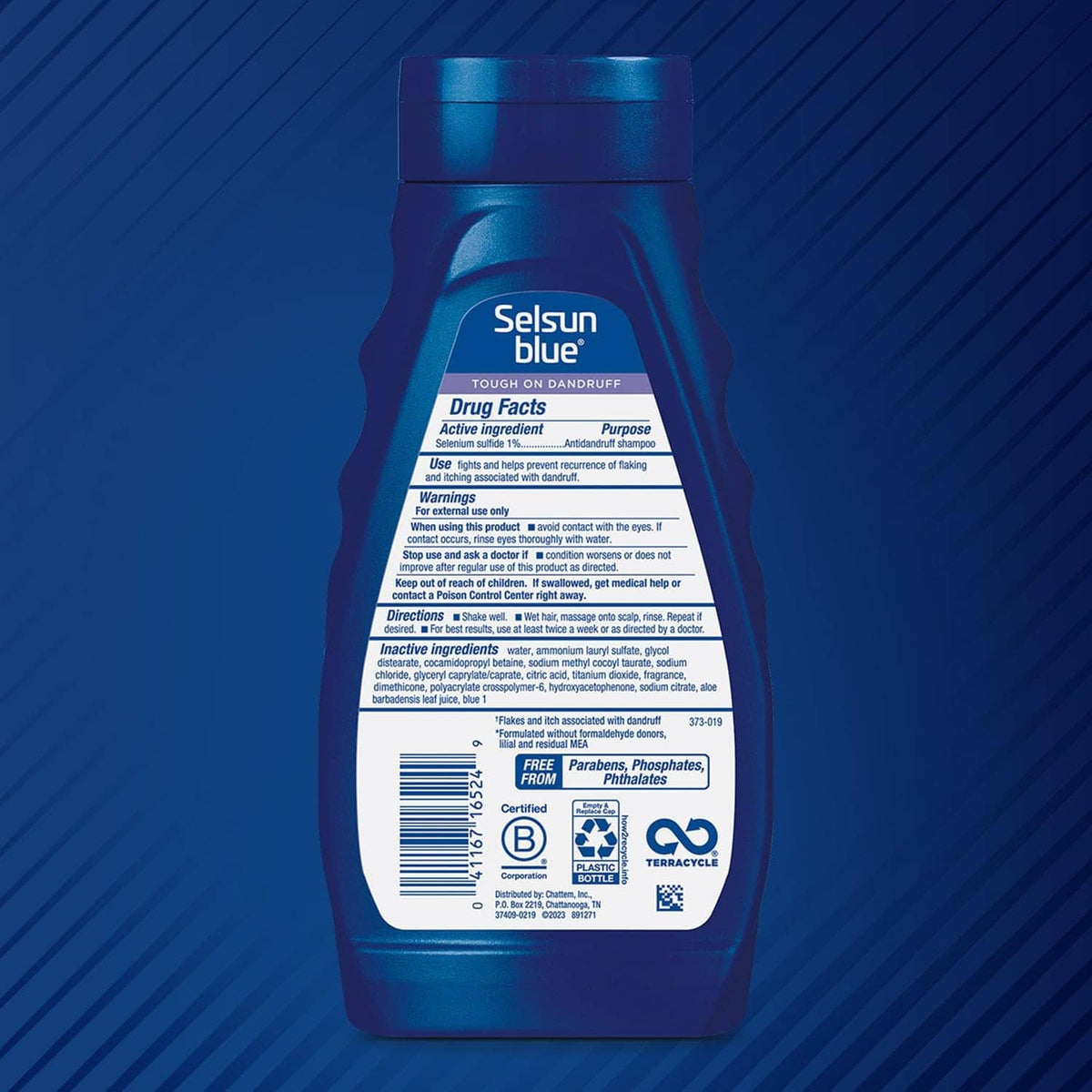 Selsun Blue 2-in-1 antidandruff shampoo bottle back label view, blue
