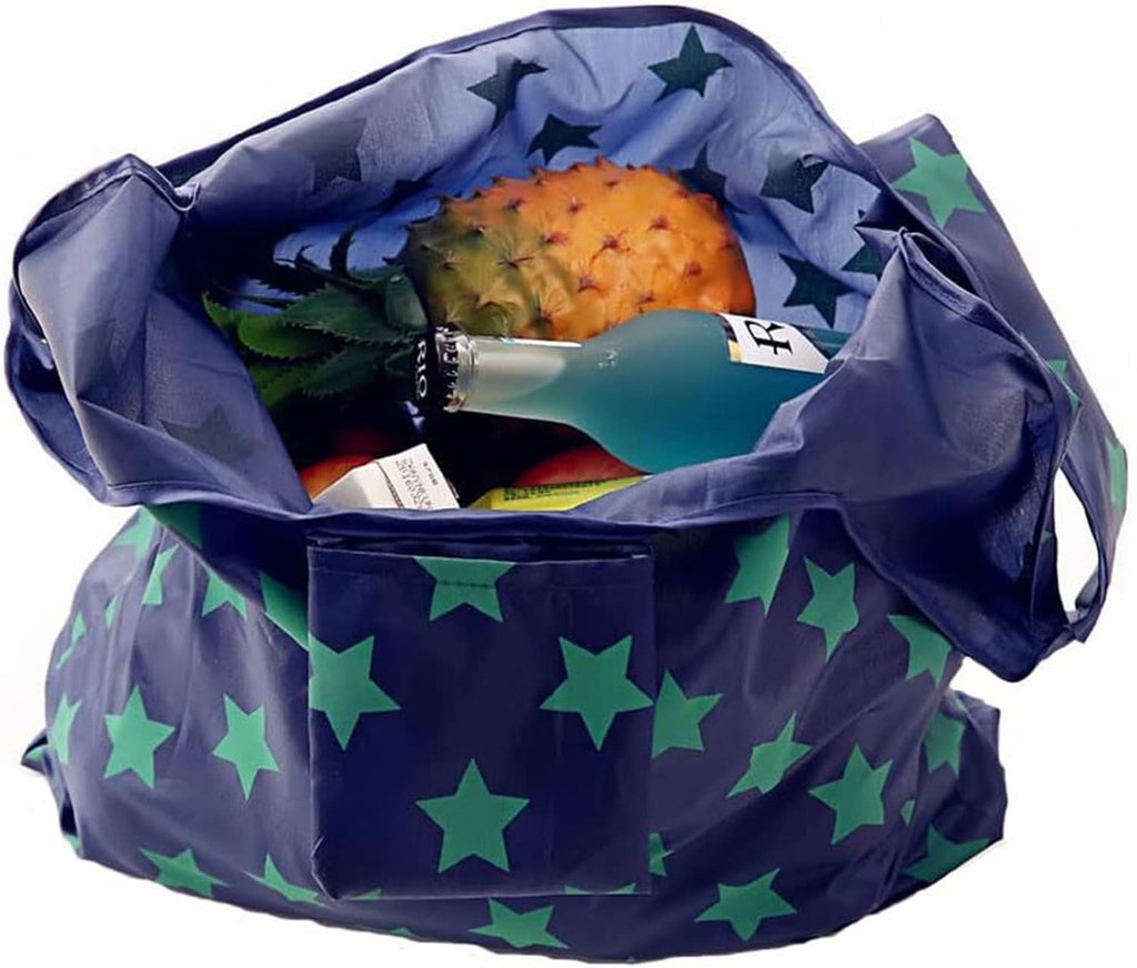 Foldable cloth tote bag with dark blue base and green star pattern, open top with pouch inside