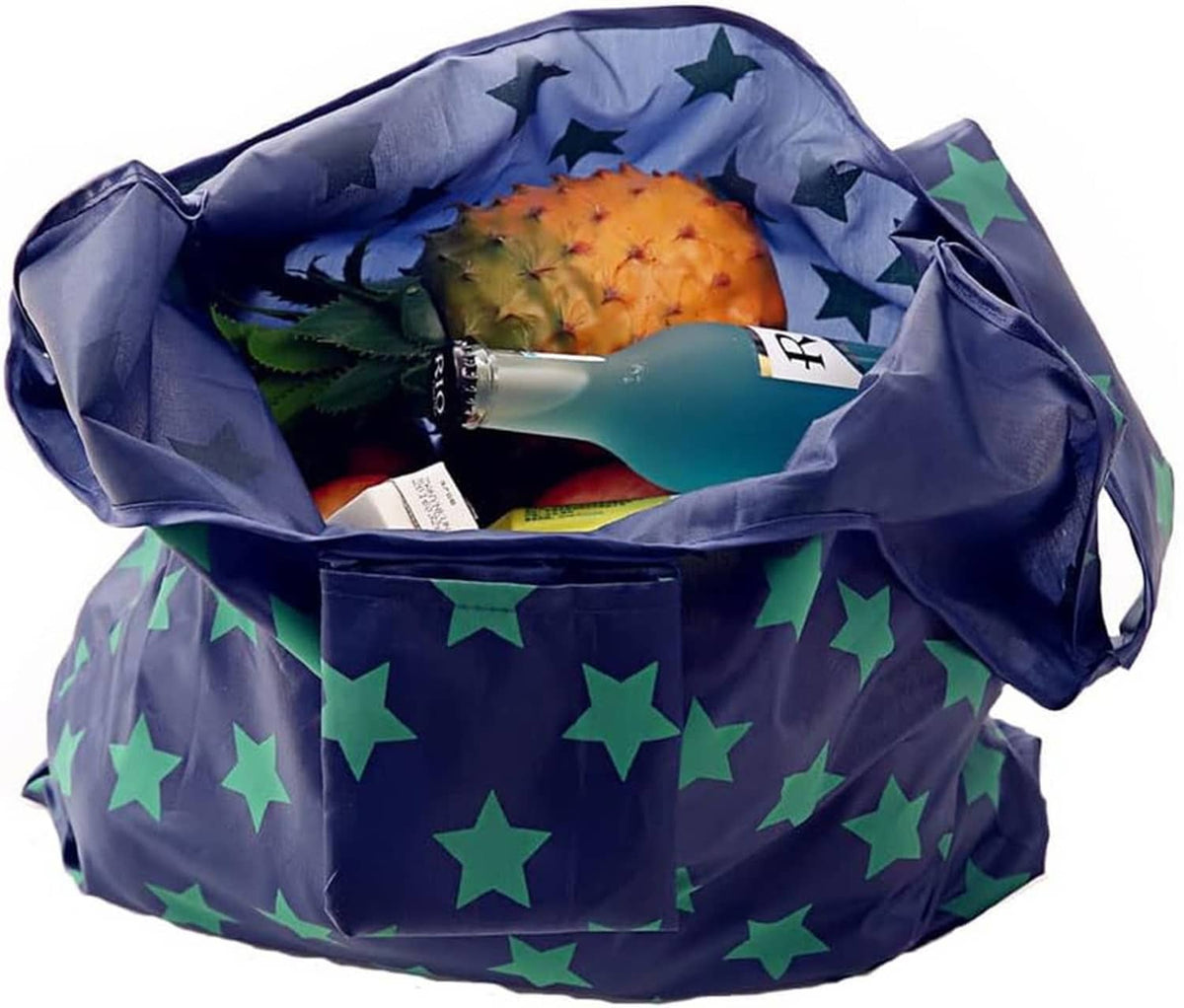 Foldable cloth tote bag with dark blue base and green star pattern, open top with pouch inside