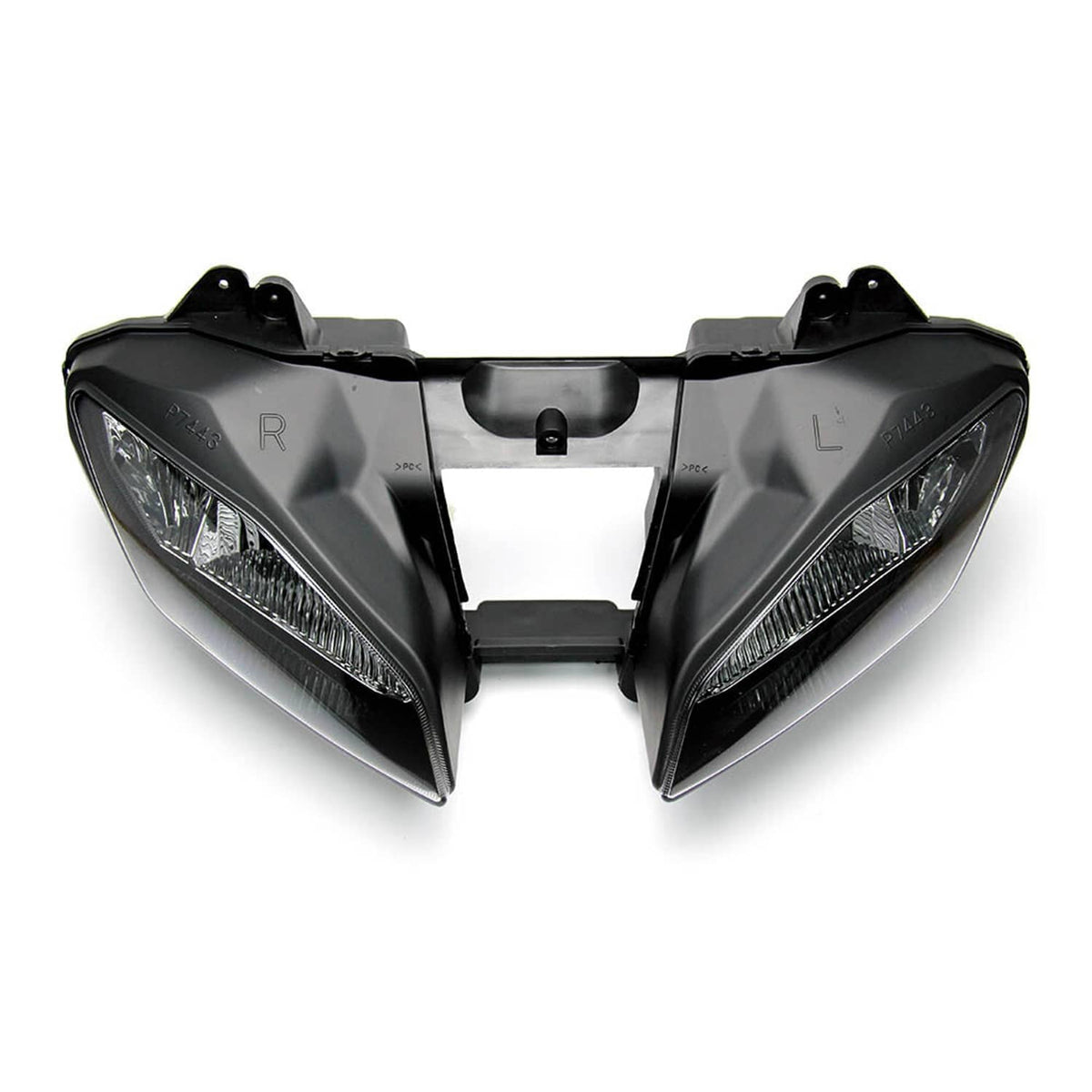 Motorcycle headlight assembly pair with black housings and clear lenses, front view