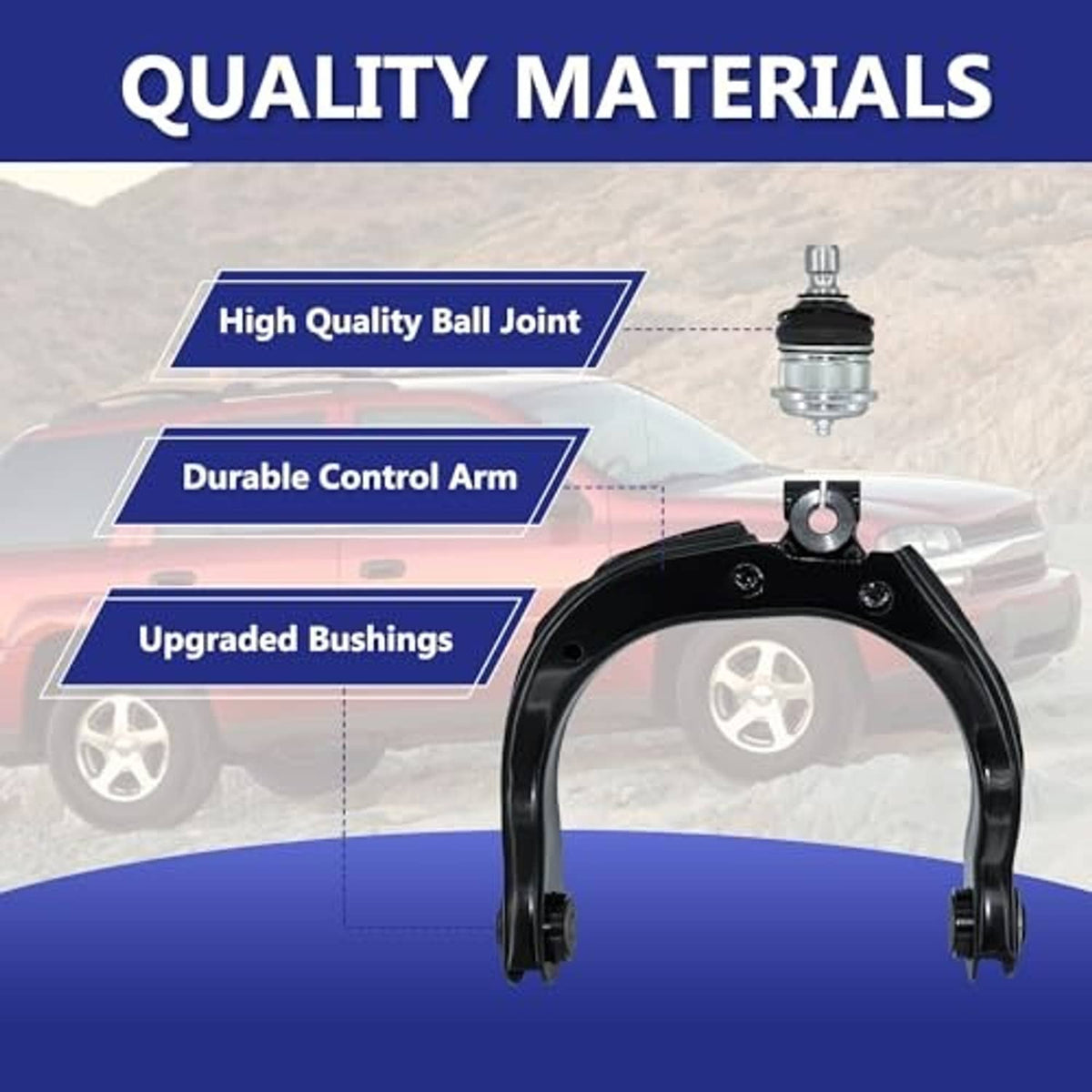 Quality materials graphic with ball joint and durable control arm illustration