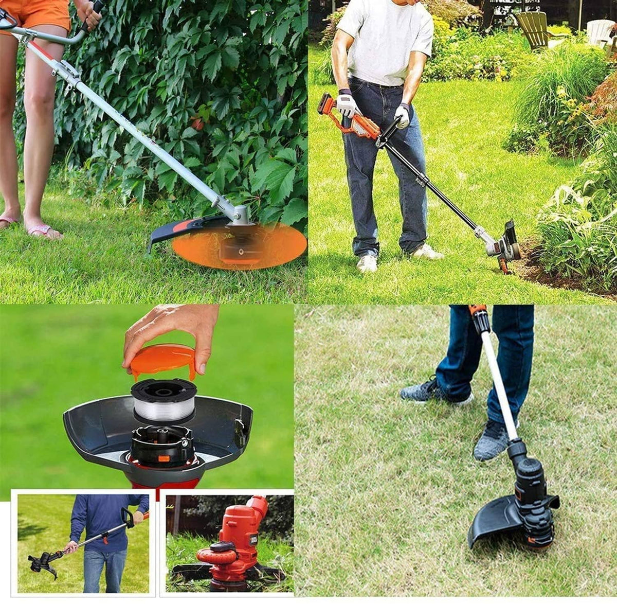 String trimmer using a replacement spool with white line for cutting grass