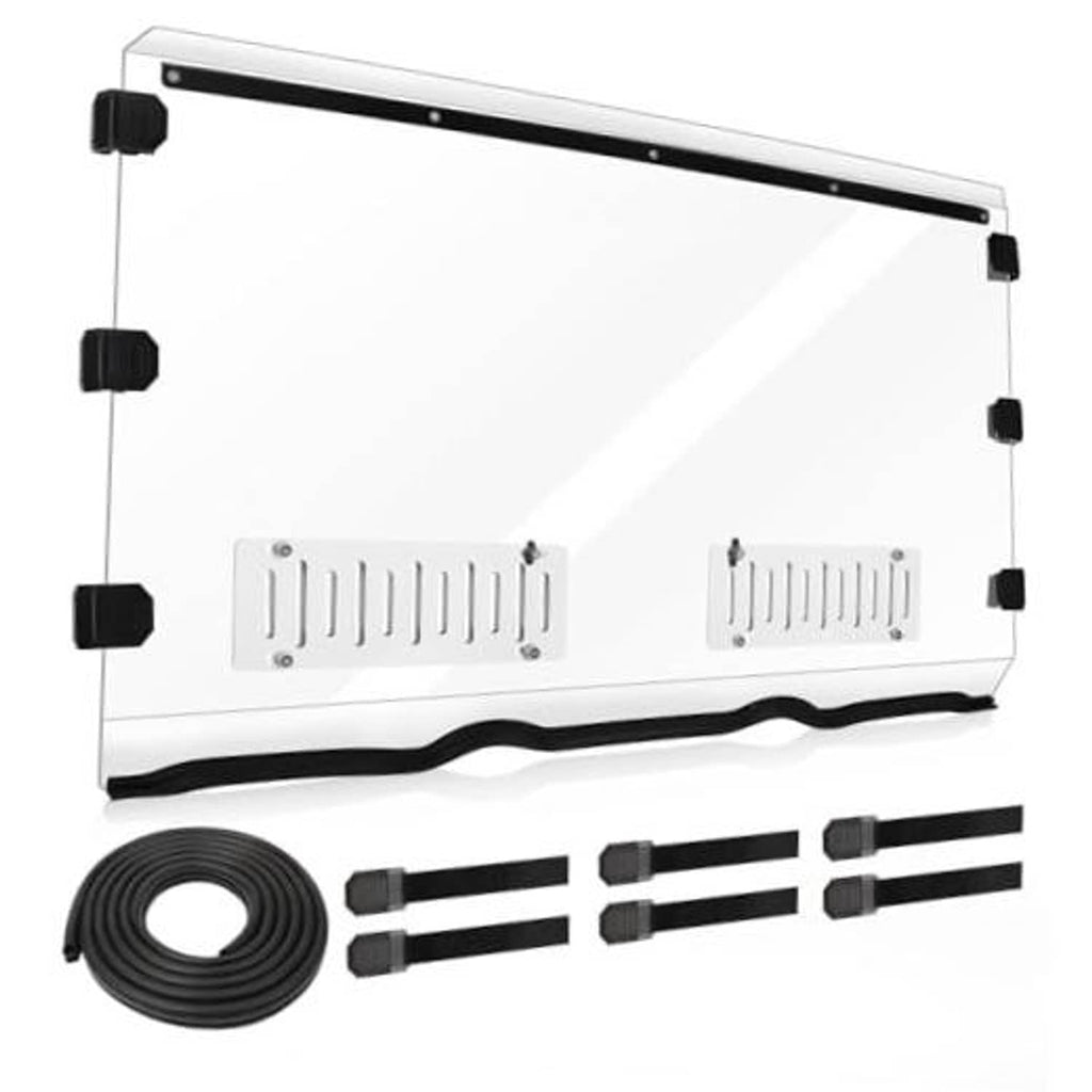 Vented front UTV windshield panel with black mounting hardware and vent inserts