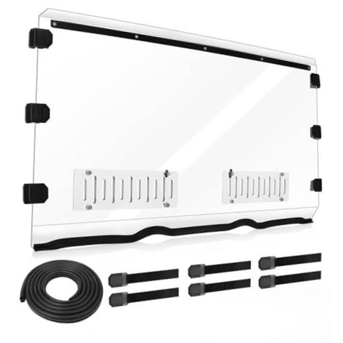 Vented front UTV windshield panel with black mounting hardware and vent inserts