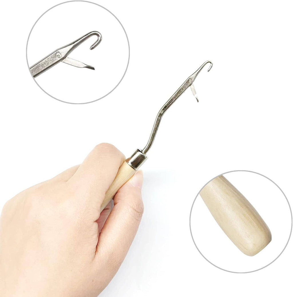 Latch hook crochet hook with wooden handle and metal latch, held by a hand