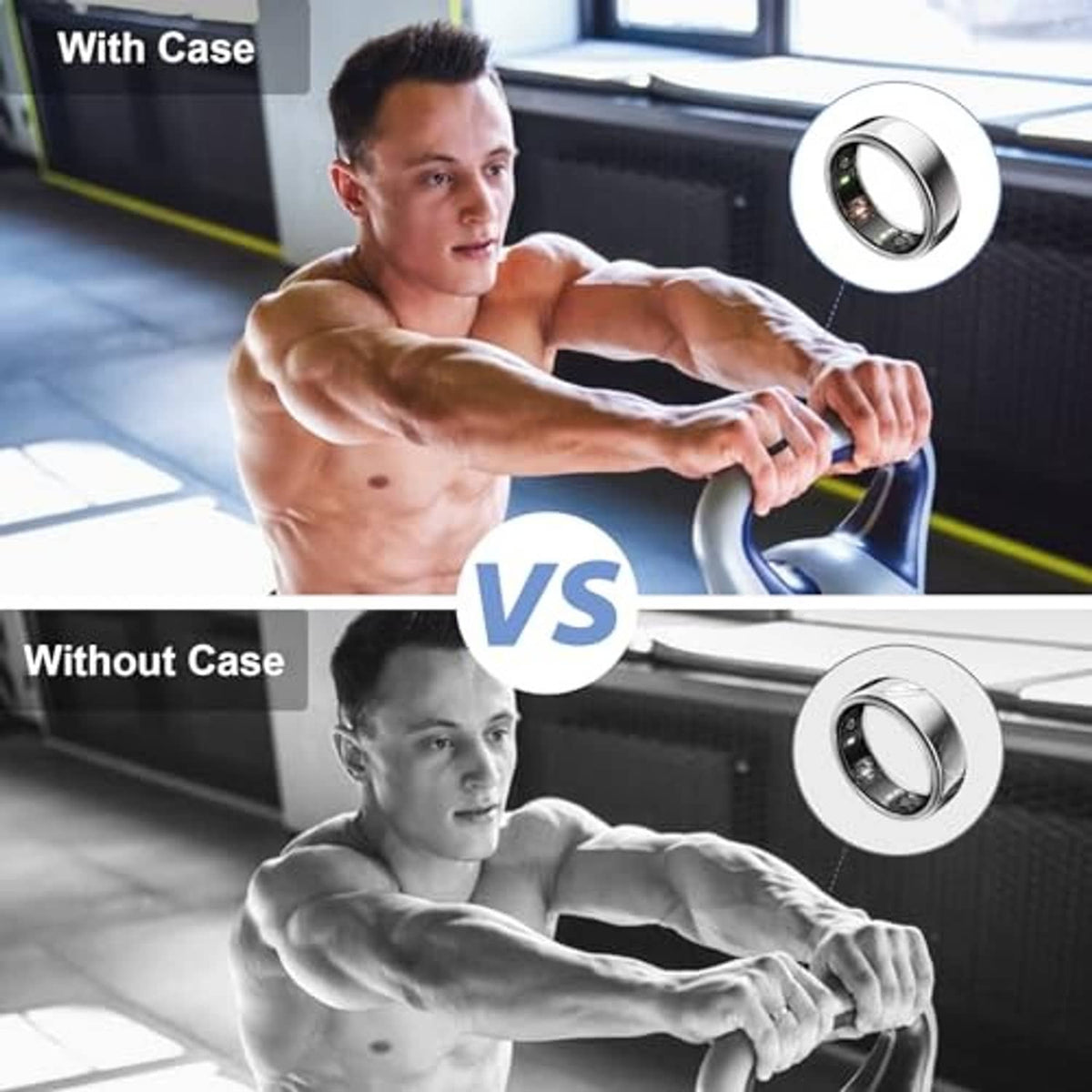 Ring protector sleeve with open sensor window in silver and blue band, case vs no-case